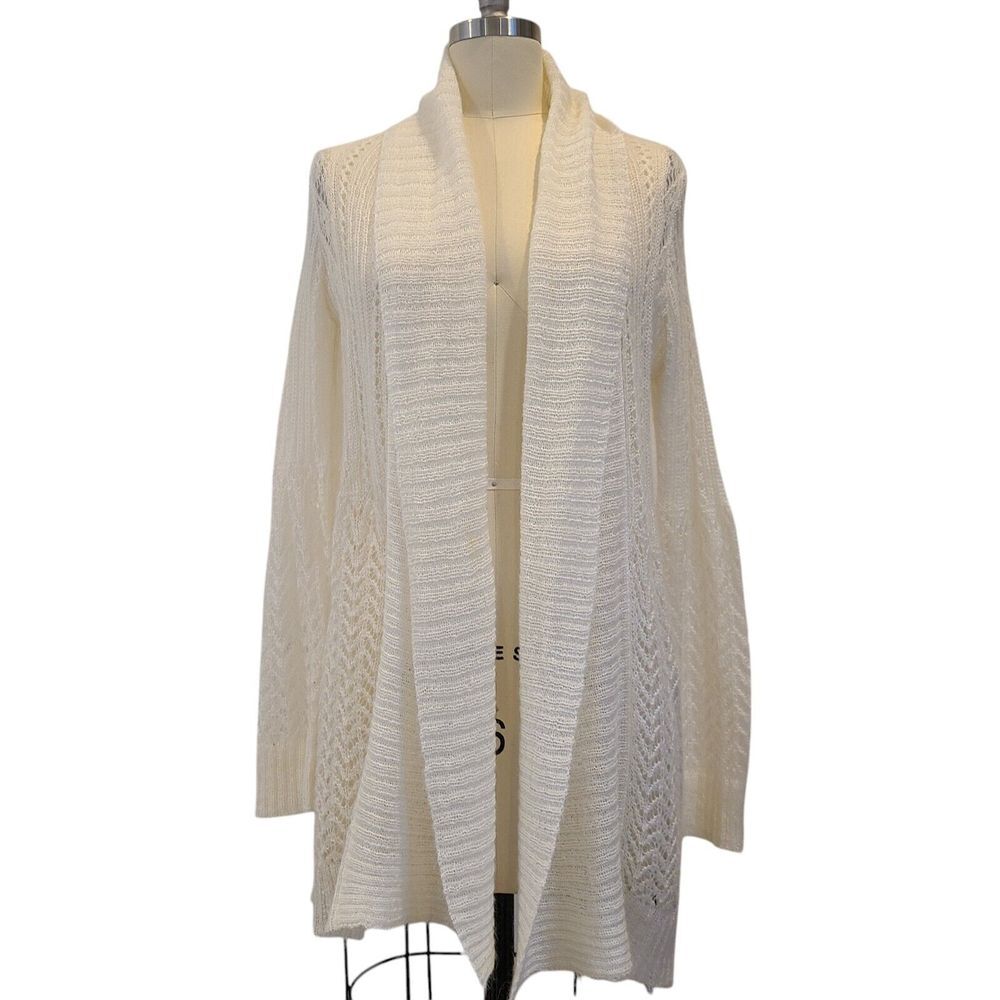 Jones NY Wool Mohair Blend Open Knit Cardigan Sweater lvory Medium Fairy - Picture 2 of 6